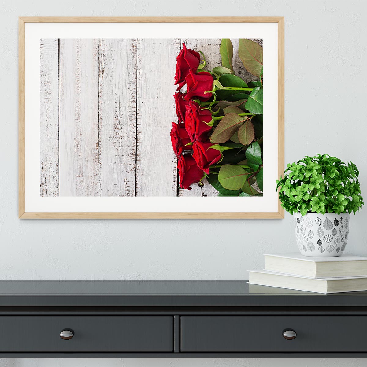 Bouquet of red roses on a light wooden background Framed Print - Canvas Art Rocks - 3
