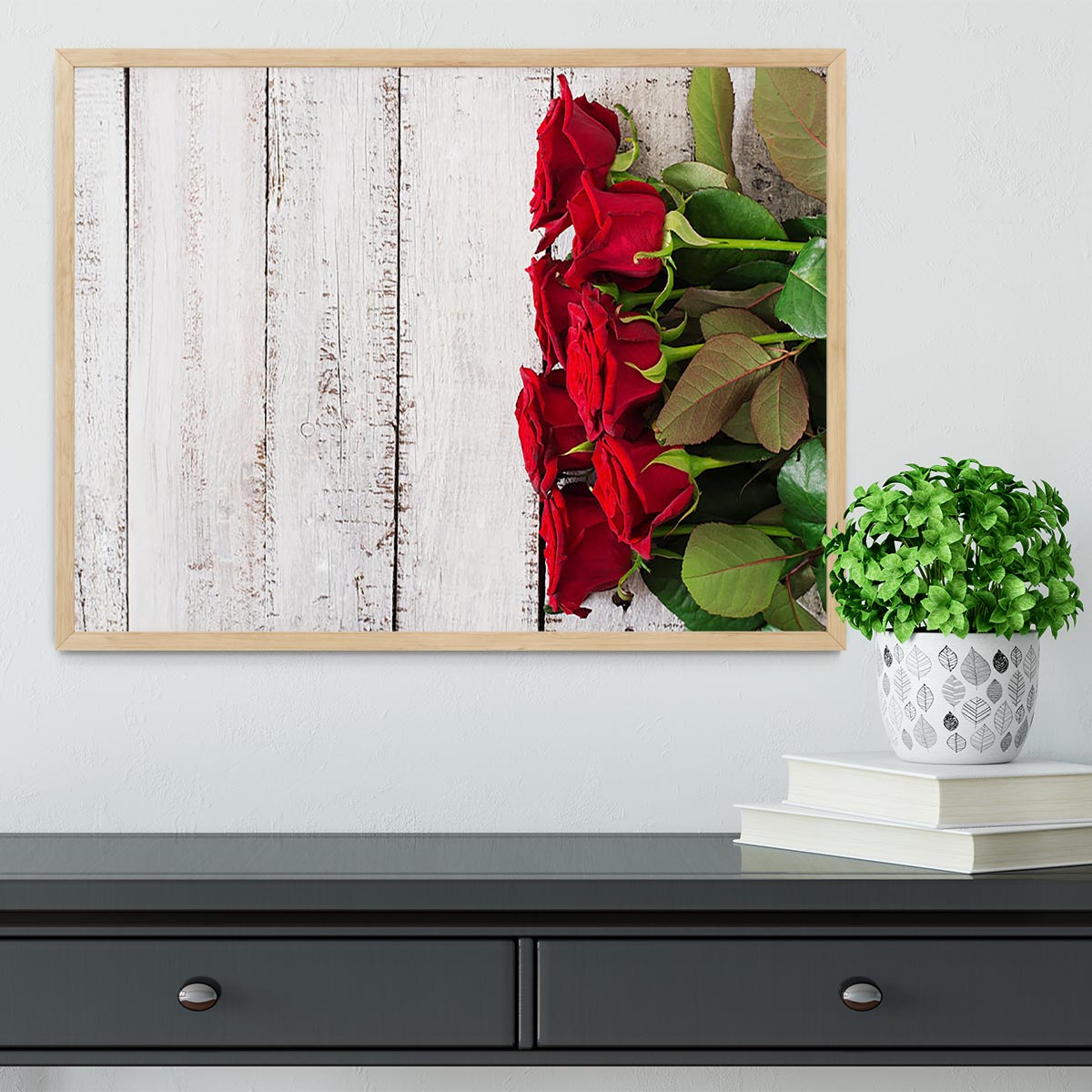 Bouquet of red roses on a light wooden background Framed Print - Canvas Art Rocks - 4