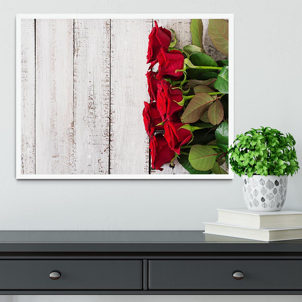 Bouquet of red roses on a light wooden background Framed Print - Canvas Art Rocks -6