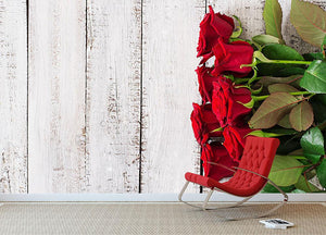 Bouquet of red roses on a light wooden background Wall Mural Wallpaper - Canvas Art Rocks - 2