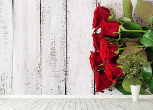 Bouquet of red roses on a light wooden background Wall Mural Wallpaper - Canvas Art Rocks - 4