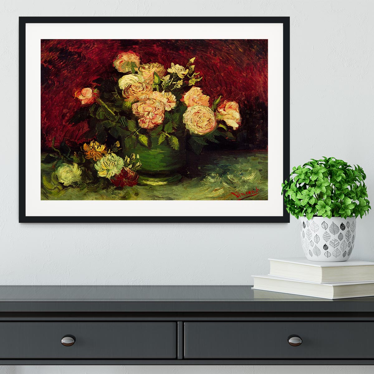 Bowl with Peonies and Roses by Van Gogh Framed Print - Canvas Art Rocks - 1