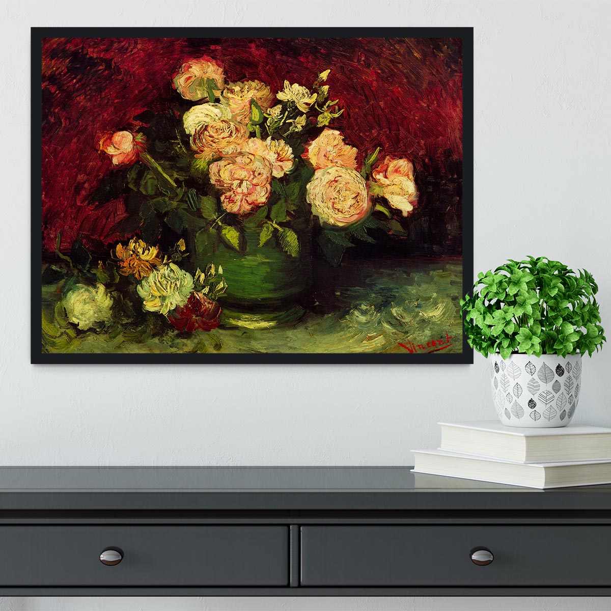 Bowl with Peonies and Roses by Van Gogh Framed Print - Canvas Art Rocks - 2