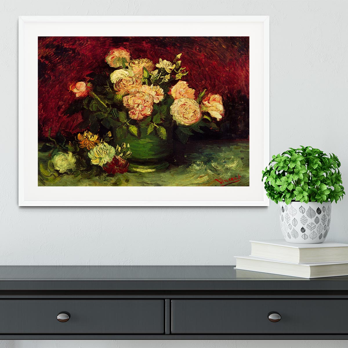 Bowl with Peonies and Roses by Van Gogh Framed Print - Canvas Art Rocks - 5