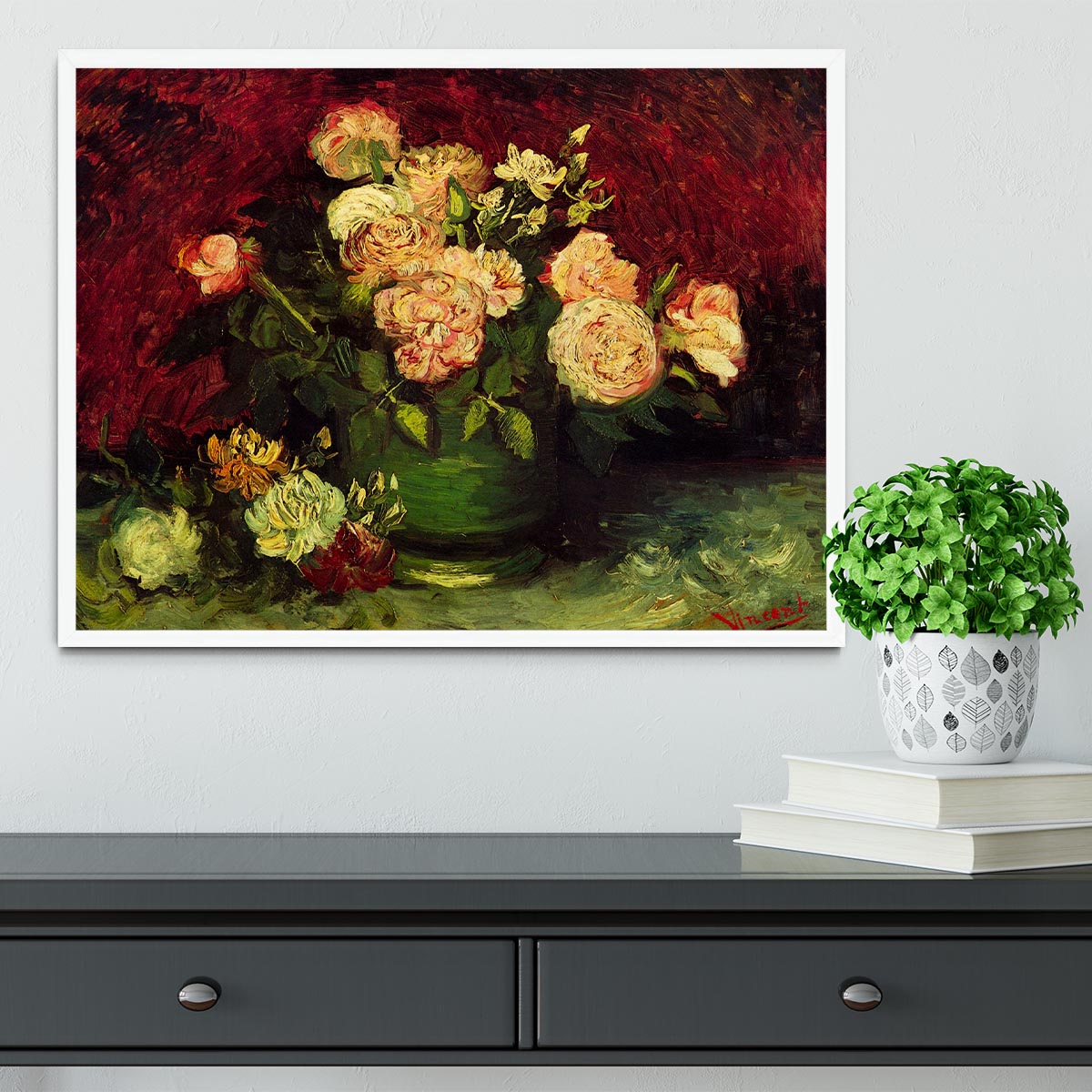 Bowl with Peonies and Roses by Van Gogh Framed Print - Canvas Art Rocks -6