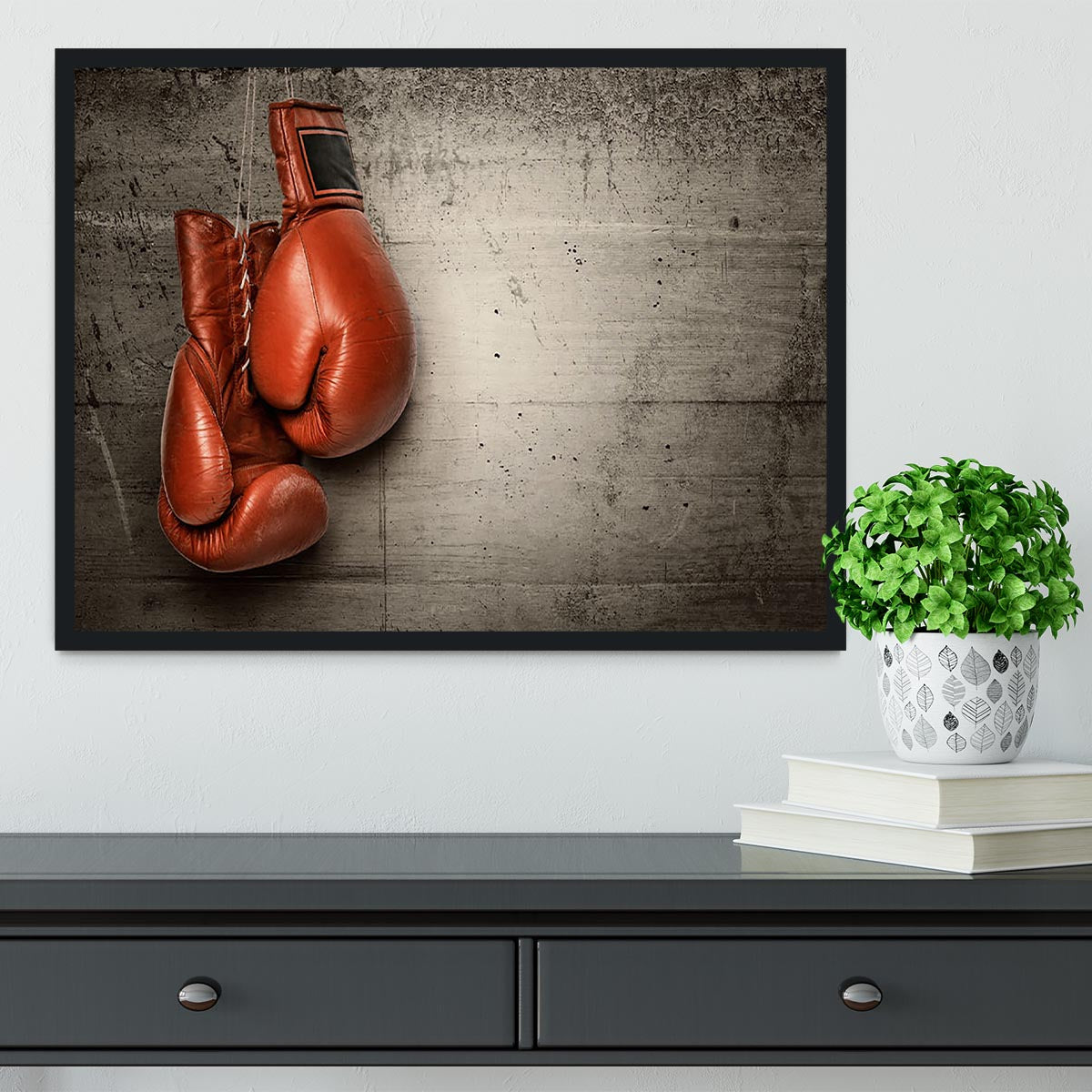 Boxing gloves hanging on concrete Framed Print - Canvas Art Rocks - 2