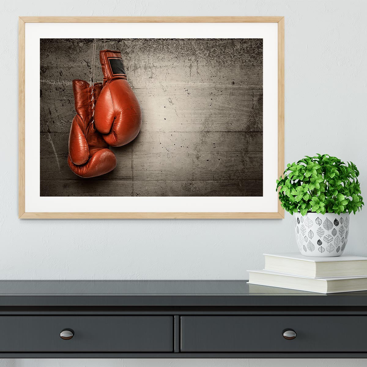 Boxing gloves hanging on concrete Framed Print - Canvas Art Rocks - 3