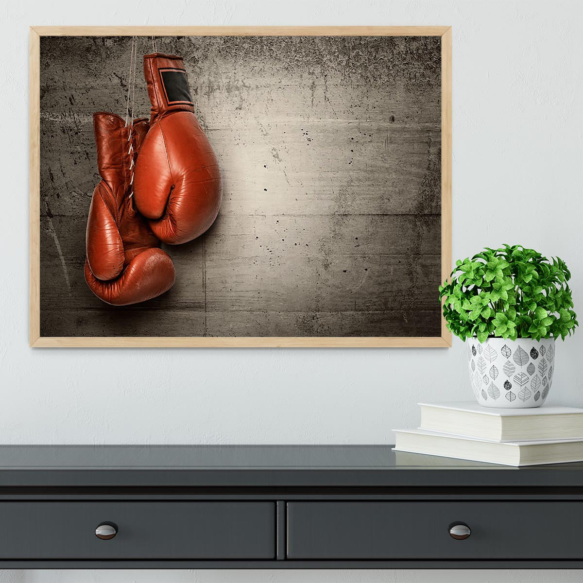 Boxing gloves hanging on concrete Framed Print - Canvas Art Rocks - 4