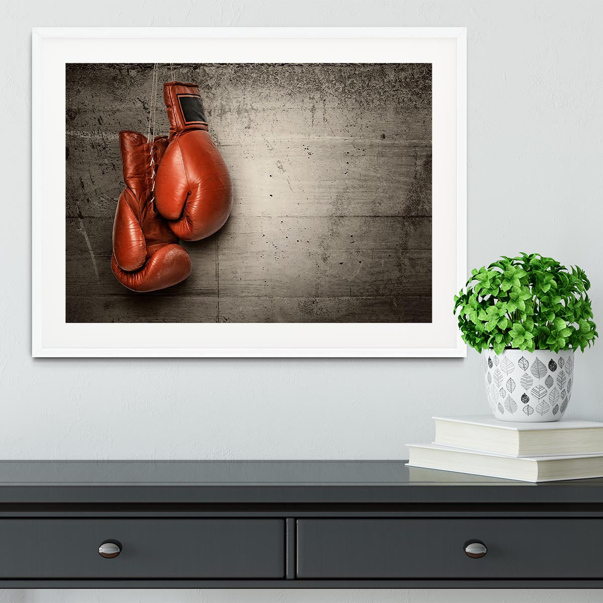 Boxing gloves hanging on concrete Framed Print - Canvas Art Rocks - 5