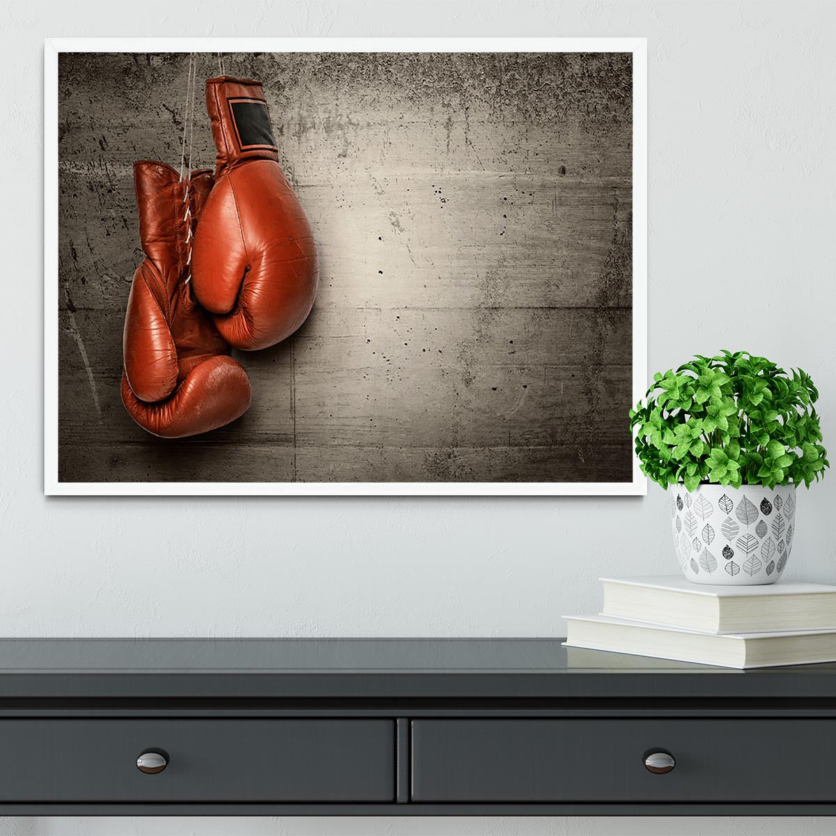 Boxing gloves hanging on concrete Framed Print - Canvas Art Rocks -6
