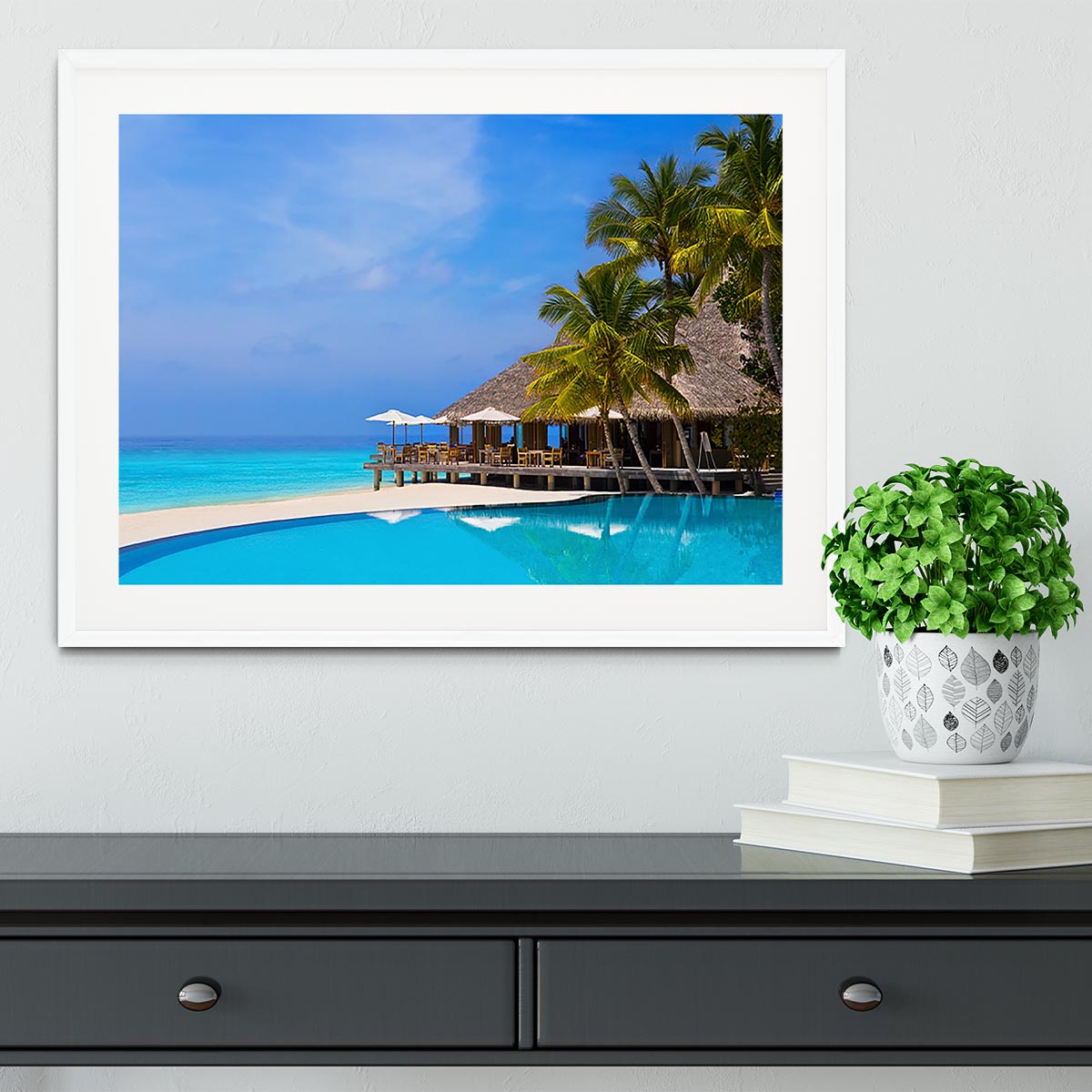 Cafe and pool on a tropical beach Framed Print - Canvas Art Rocks - 5