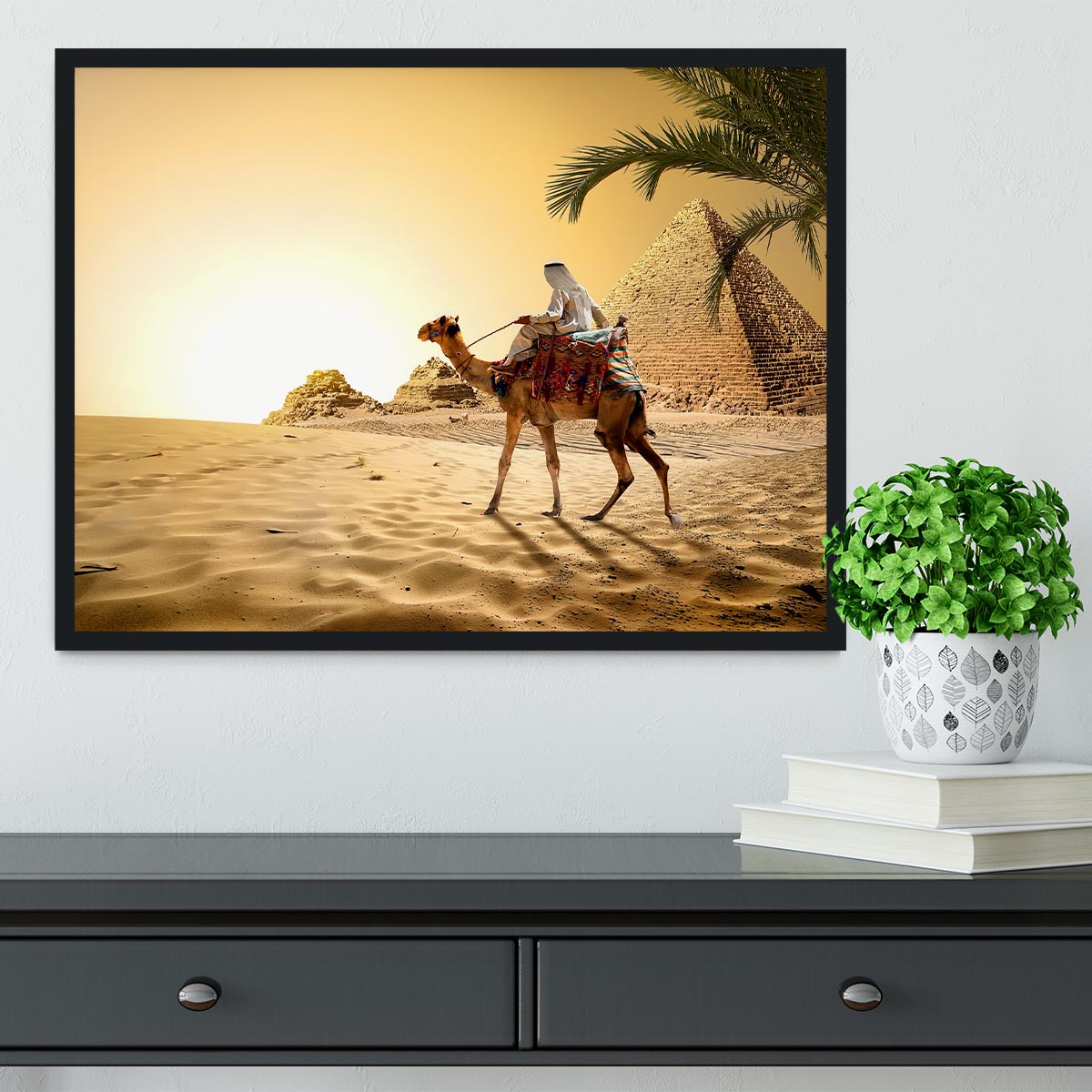 Camel near pyramids desert of Egypt Framed Print - Canvas Art Rocks - 2
