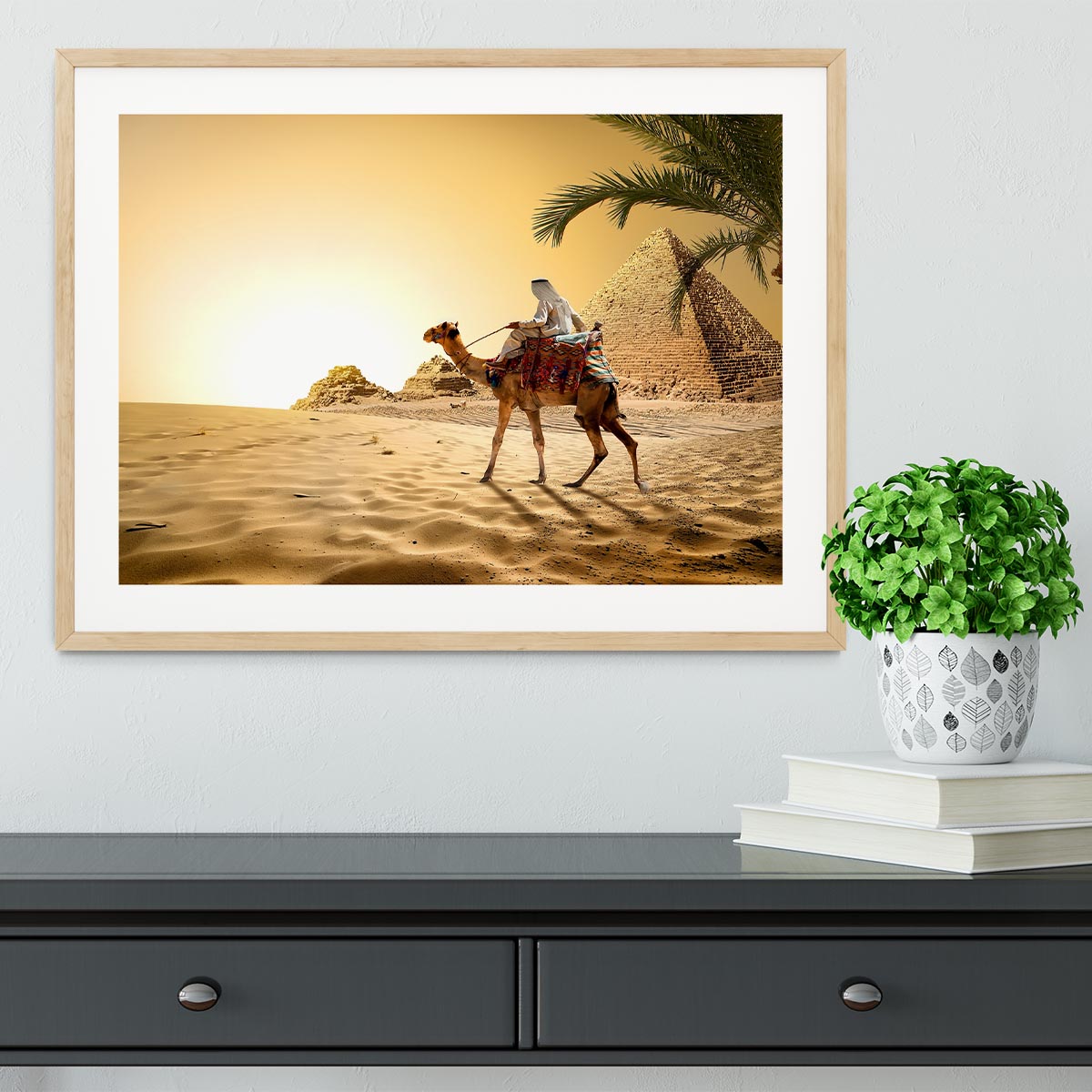 Camel near pyramids desert of Egypt Framed Print - Canvas Art Rocks - 3