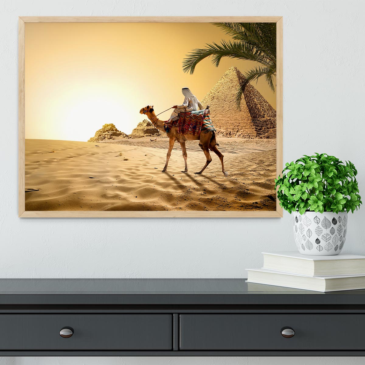 Camel near pyramids desert of Egypt Framed Print - Canvas Art Rocks - 4