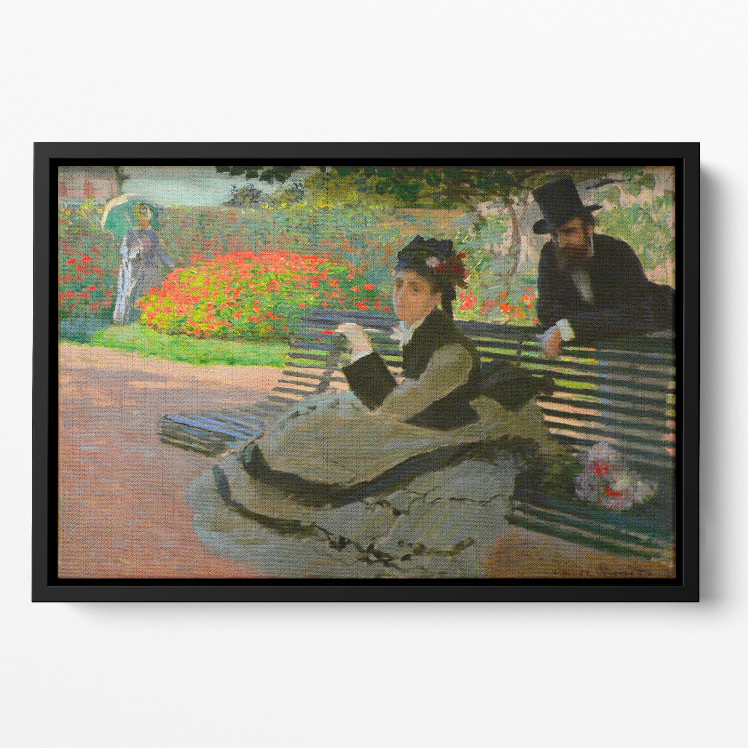 Camille Monet on a garden bench by Monet Floating Framed Canvas ...