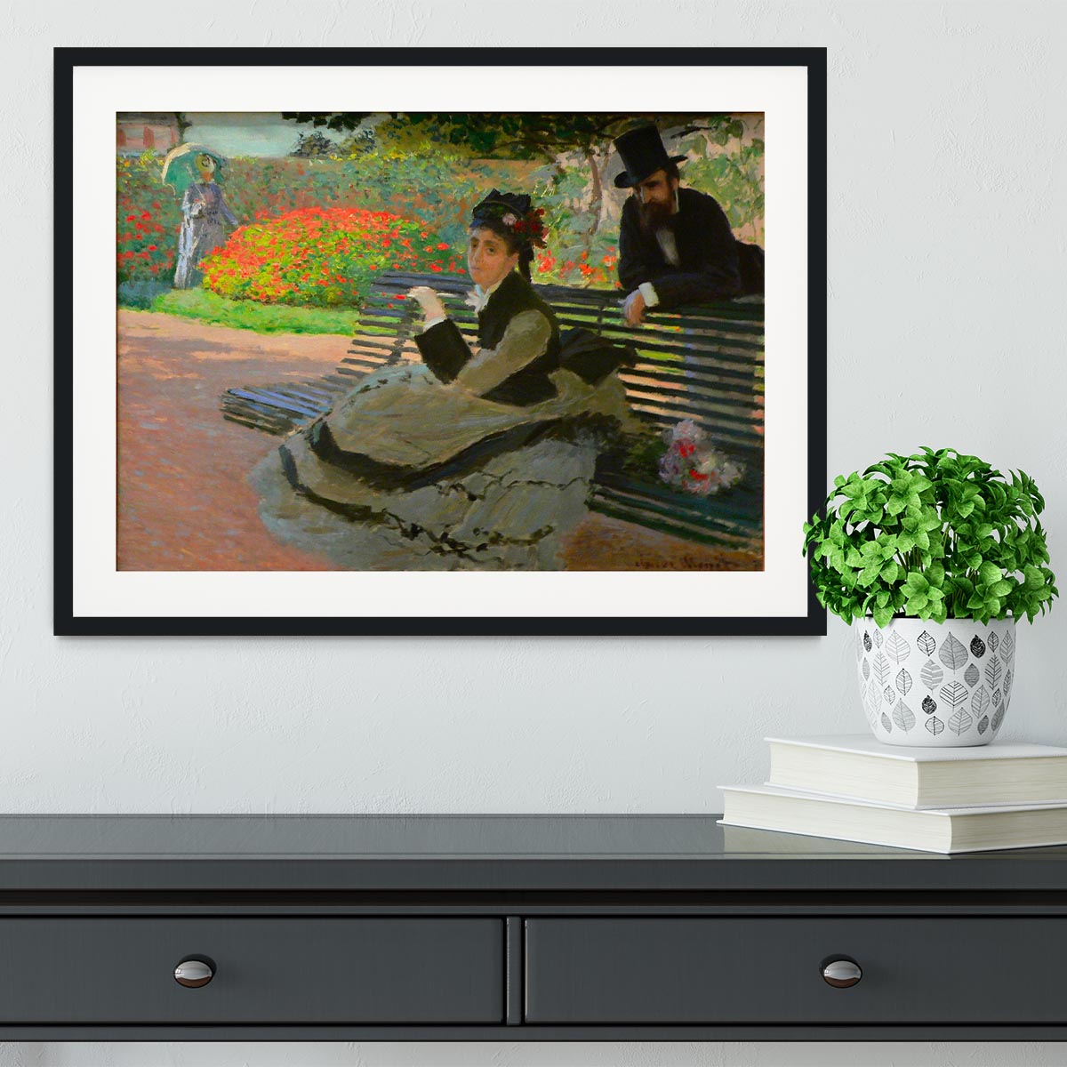 Camille Monet on a garden bench by Monet Framed Print - Canvas Art Rocks - 1