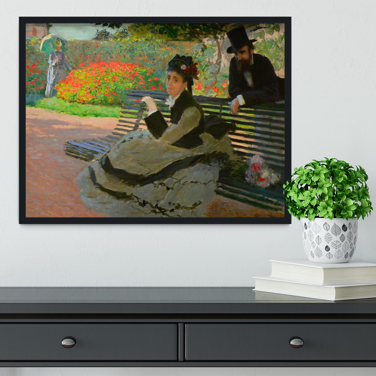 Camille Monet on a garden bench by Monet Framed Print - Canvas Art Rocks - 2