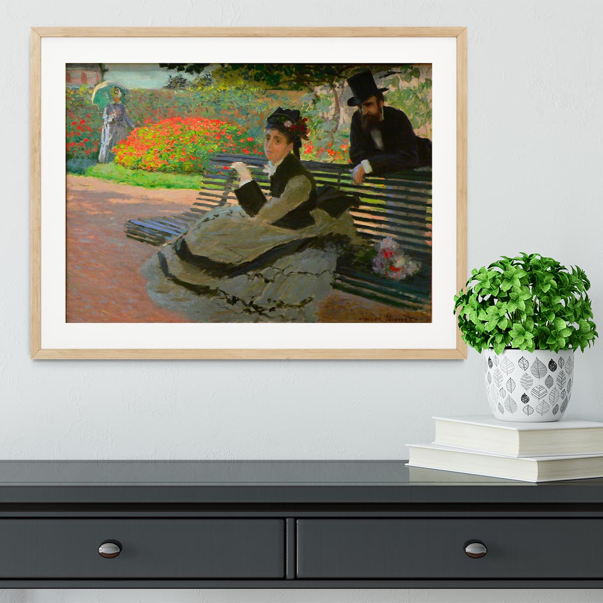 Camille Monet on a garden bench by Monet Framed Print - Canvas Art Rocks - 3