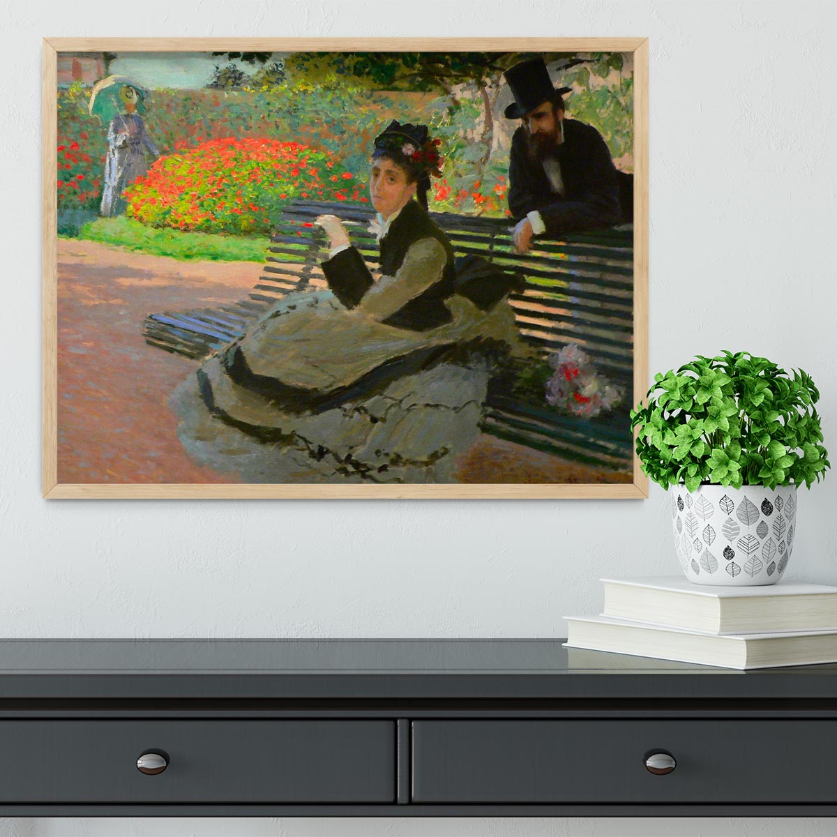 Camille Monet on a garden bench by Monet Framed Print - Canvas Art Rocks - 4