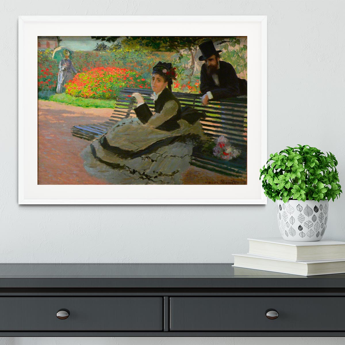 Camille Monet on a garden bench by Monet Framed Print - Canvas Art Rocks - 5