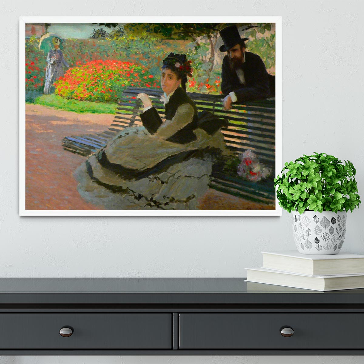 Camille Monet on a garden bench by Monet Framed Print - Canvas Art Rocks -6