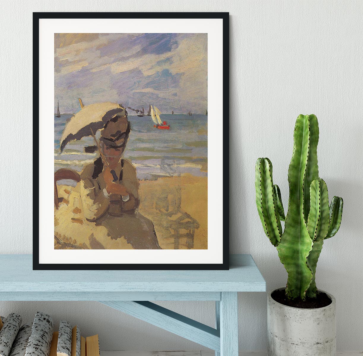 Camille Monet on the beach at Trouville by Monet Framed Print - Canvas Art Rocks - 1
