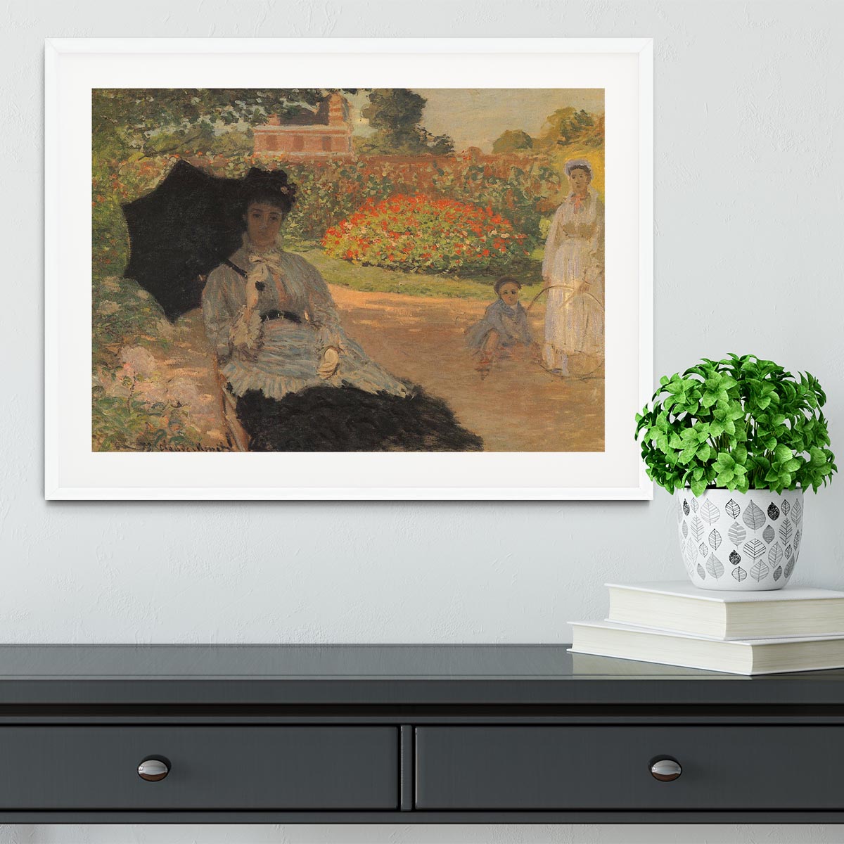 Camille in the garden with Jean and his nanny by Monet Framed Print - Canvas Art Rocks - 5