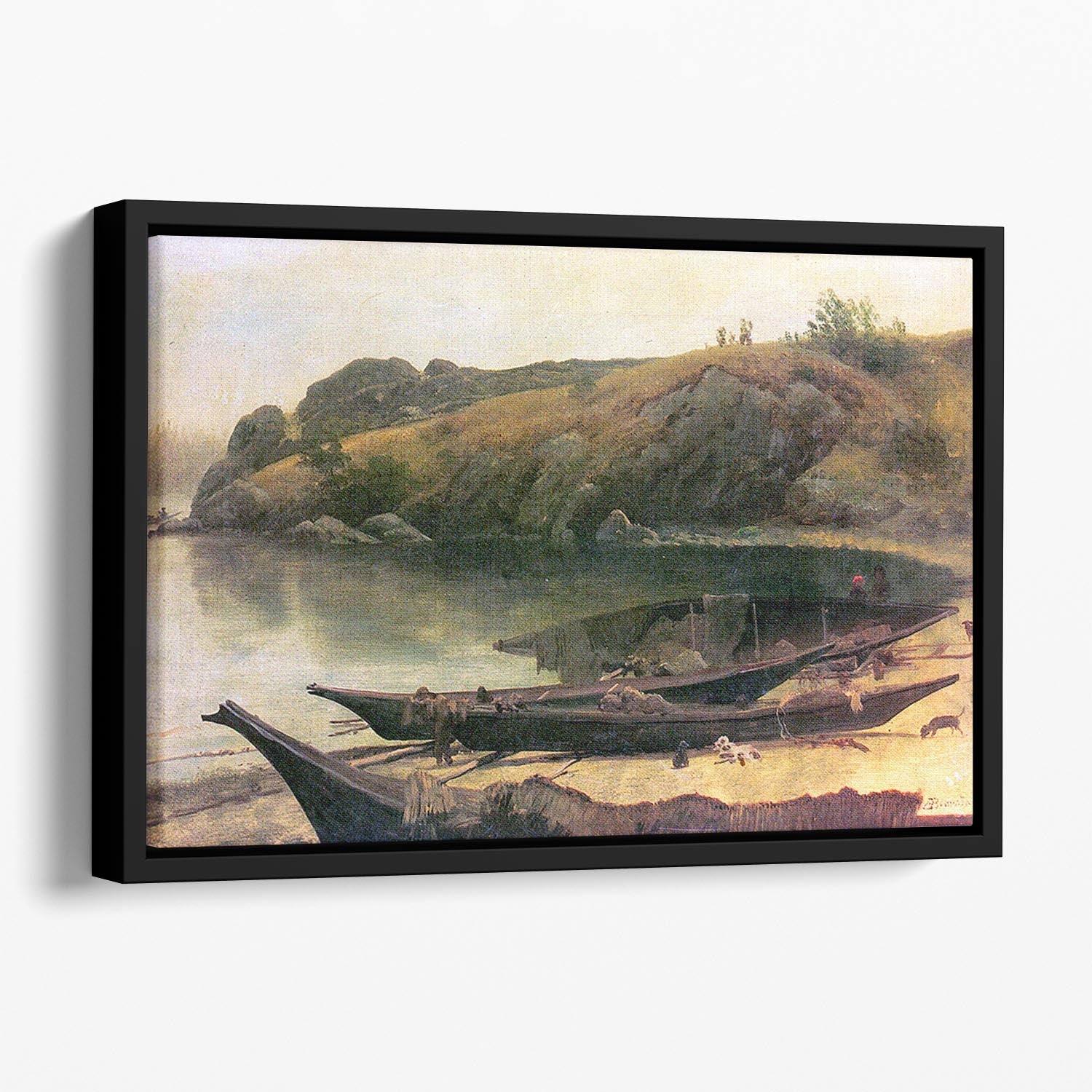 Canoes by Bierstadt Floating Framed Canvas - Canvas Art Rocks - 1