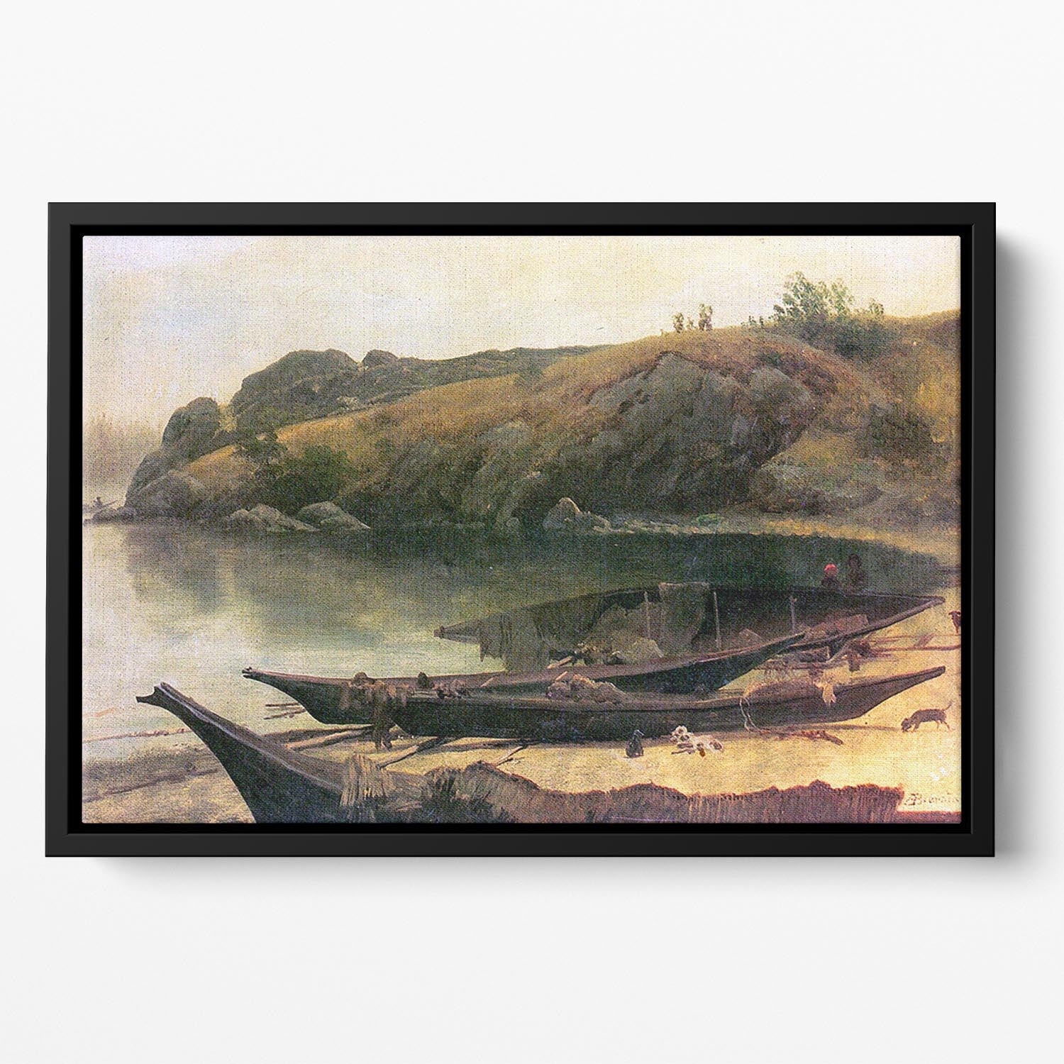 Canoes by Bierstadt Floating Framed Canvas - Canvas Art Rocks - 2