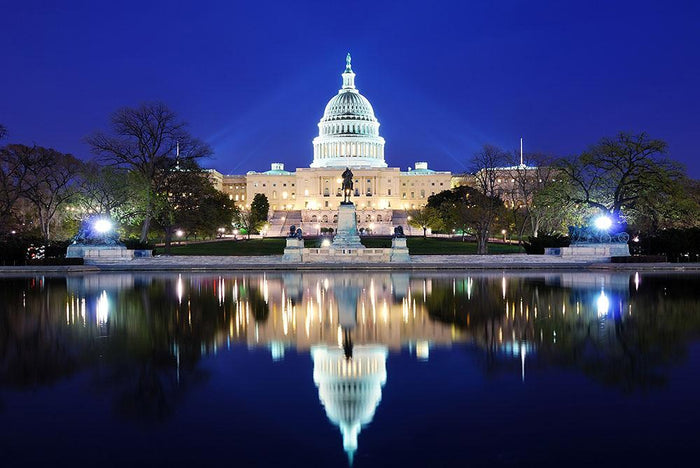 Capitol Hill Building at dusk with lake reflection Wall Mural Wallpaper