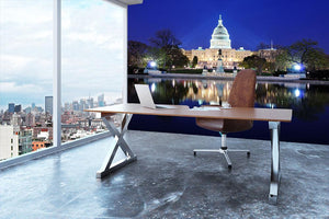 Capitol Hill Building at dusk with lake reflection Wall Mural Wallpaper - Canvas Art Rocks - 3