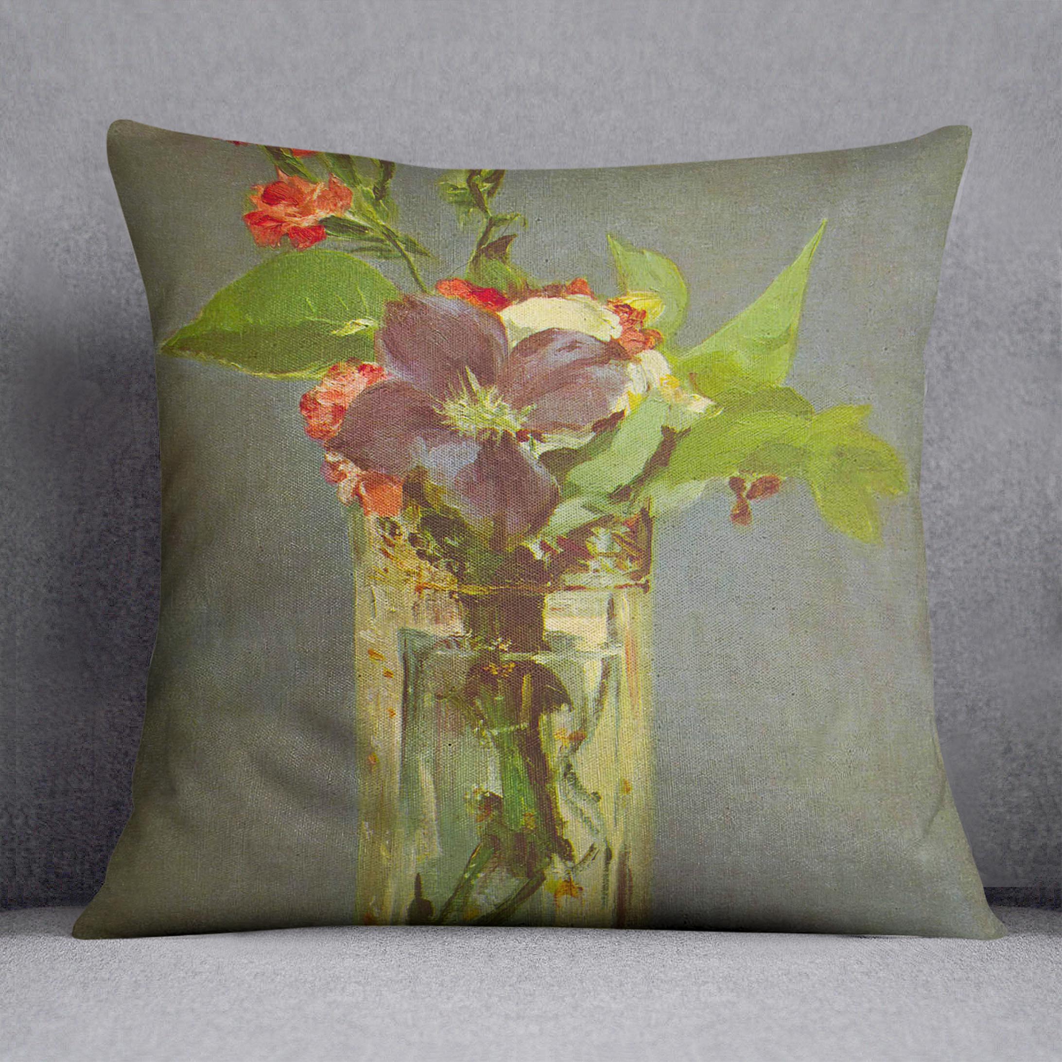 Carnations and Clematis in a Crystal Vase by Manet Cushion