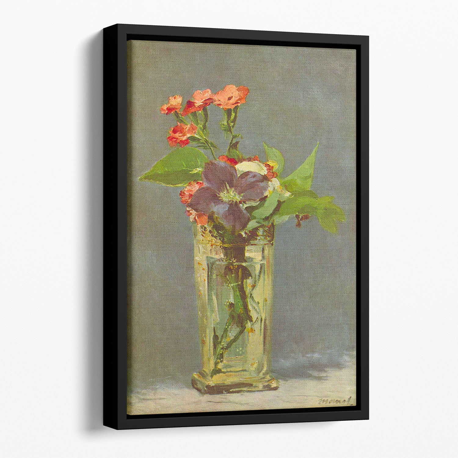 Carnations and Clematis in a Crystal Vase by Manet Floating Framed Canvas