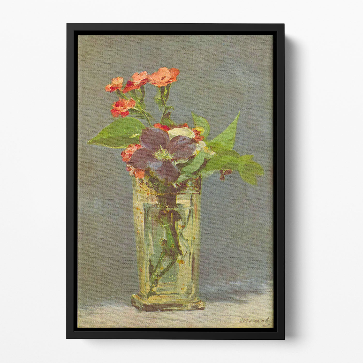 Carnations and Clematis in a Crystal Vase by Manet Floating Framed Canvas