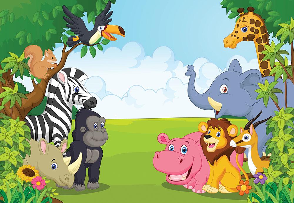 Cartoon collection animal in the jungle Wall Mural Wallpaper - Canvas Art Rocks - 1