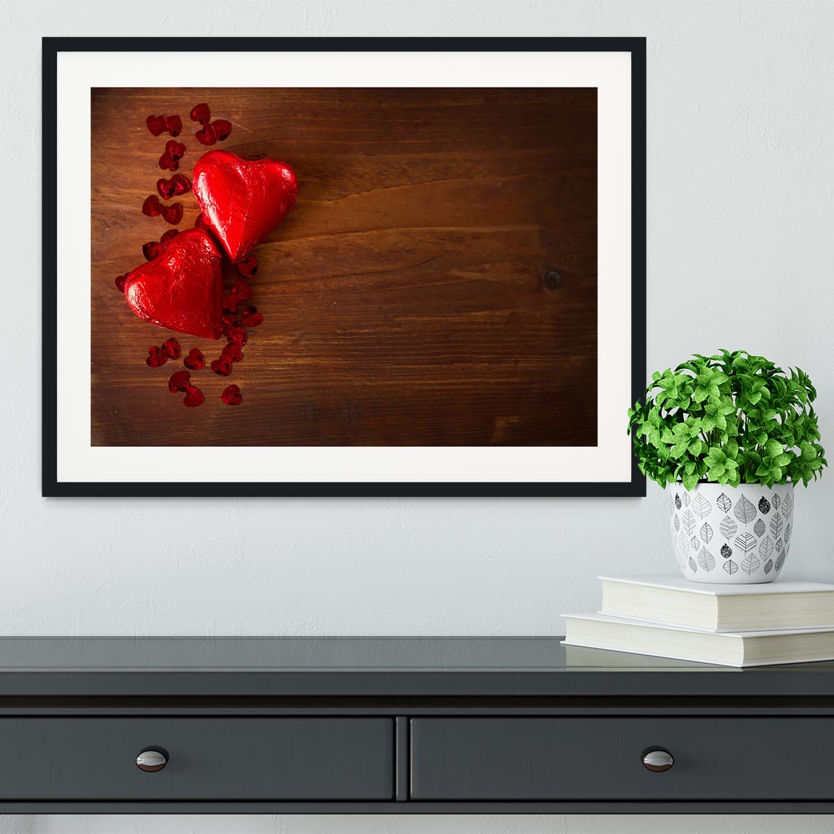 Chocolate hearts on wooden board Framed Print - Canvas Art Rocks - 1