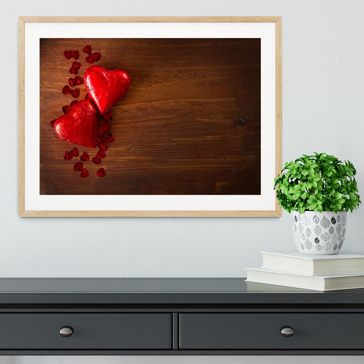 Chocolate hearts on wooden board Framed Print - Canvas Art Rocks - 3