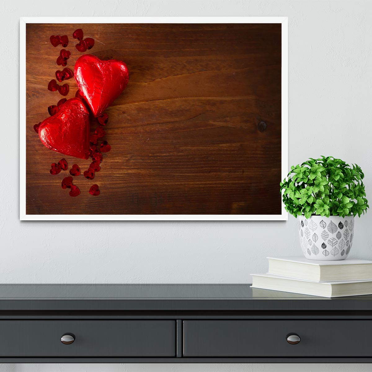 Chocolate hearts on wooden board Framed Print - Canvas Art Rocks -6