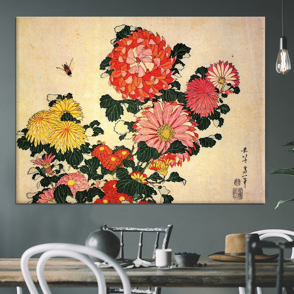 Chrysanthemum and bee by Hokusai Canvas Print or Poster - Canvas Art Rocks - 3