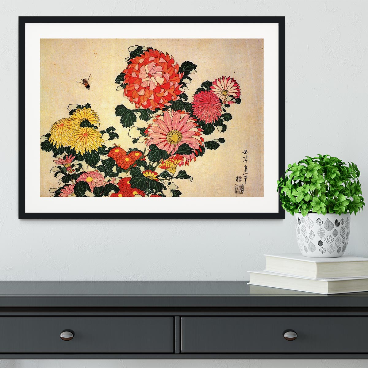Chrysanthemum and bee by Hokusai Framed Print - Canvas Art Rocks - 1