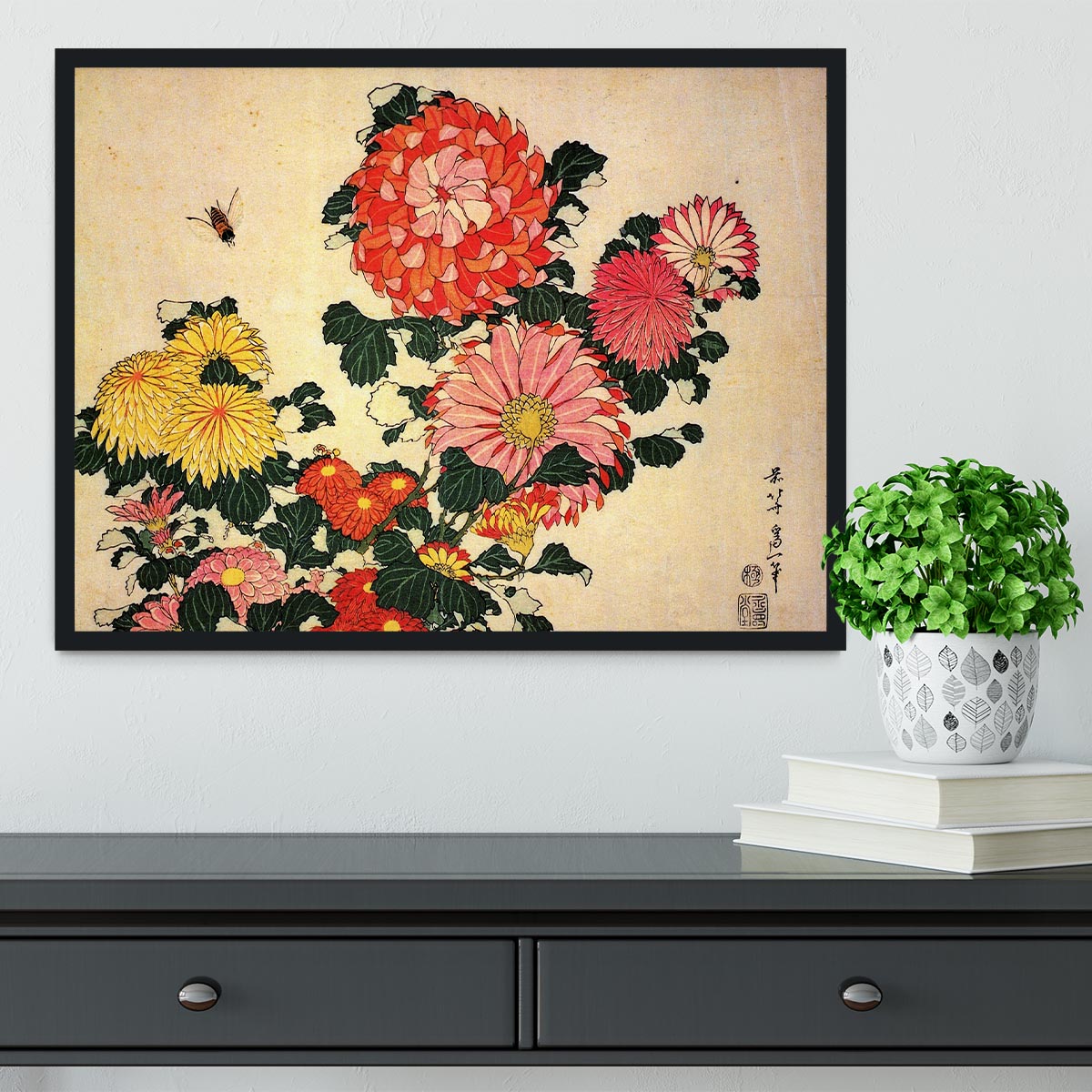 Chrysanthemum and bee by Hokusai Framed Print - Canvas Art Rocks - 2