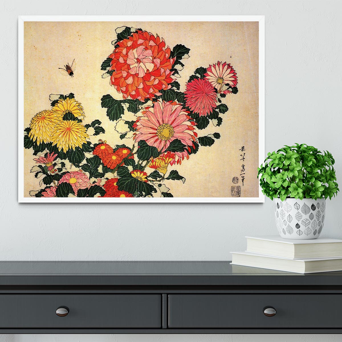 Chrysanthemum and bee by Hokusai Framed Print - Canvas Art Rocks -6