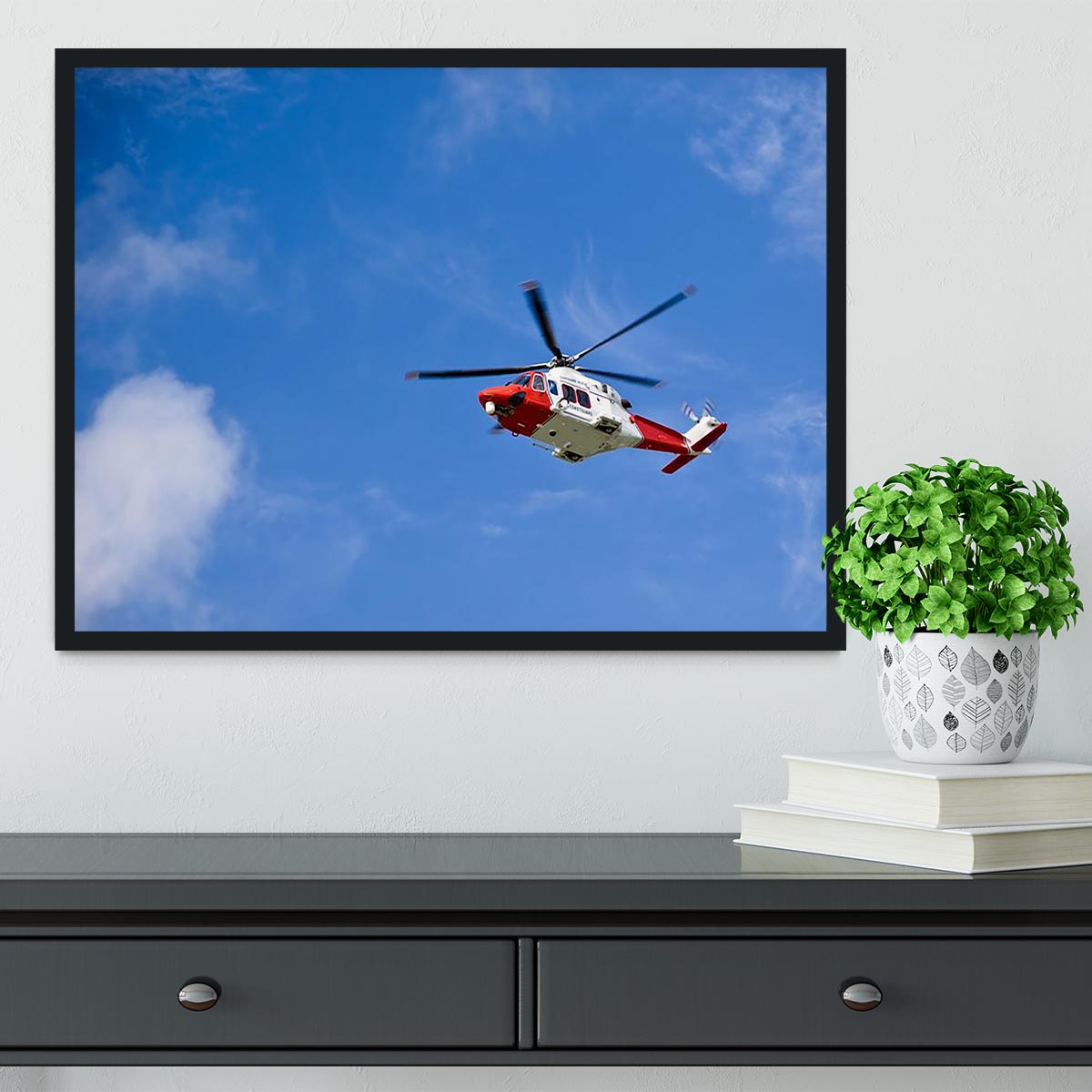 Coastguard helicopter in the blue sky Framed Print - Canvas Art Rocks - 2