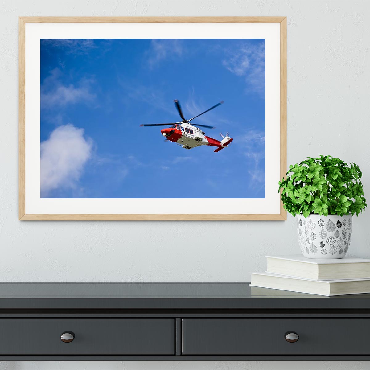 Coastguard helicopter in the blue sky Framed Print - Canvas Art Rocks - 3
