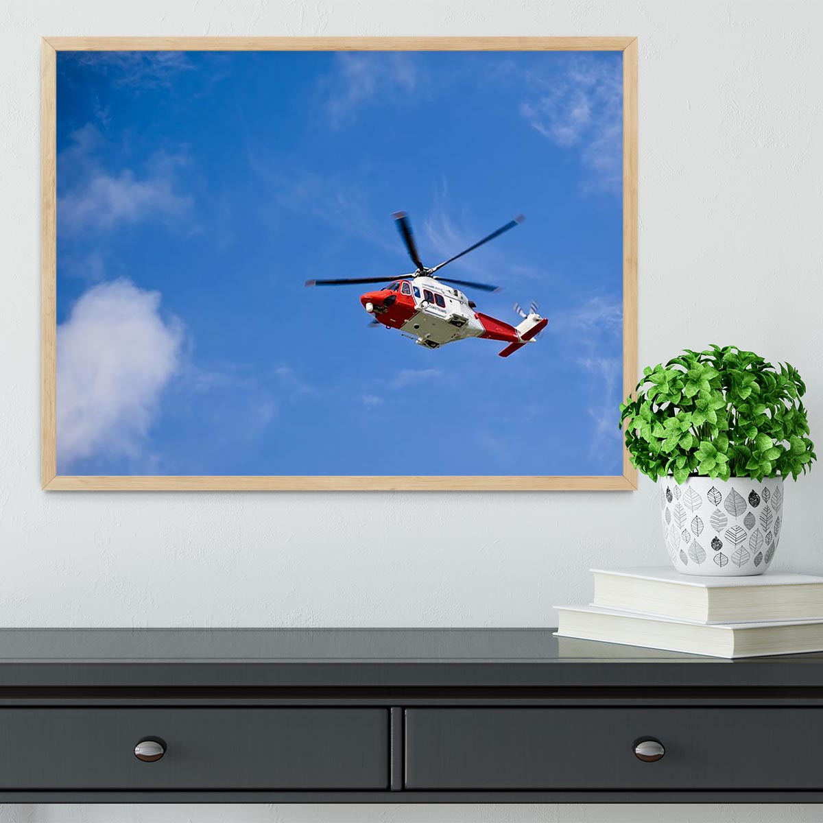 Coastguard helicopter in the blue sky Framed Print - Canvas Art Rocks - 4
