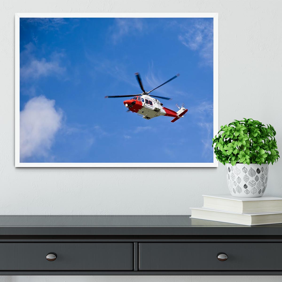 Coastguard helicopter in the blue sky Framed Print - Canvas Art Rocks -6