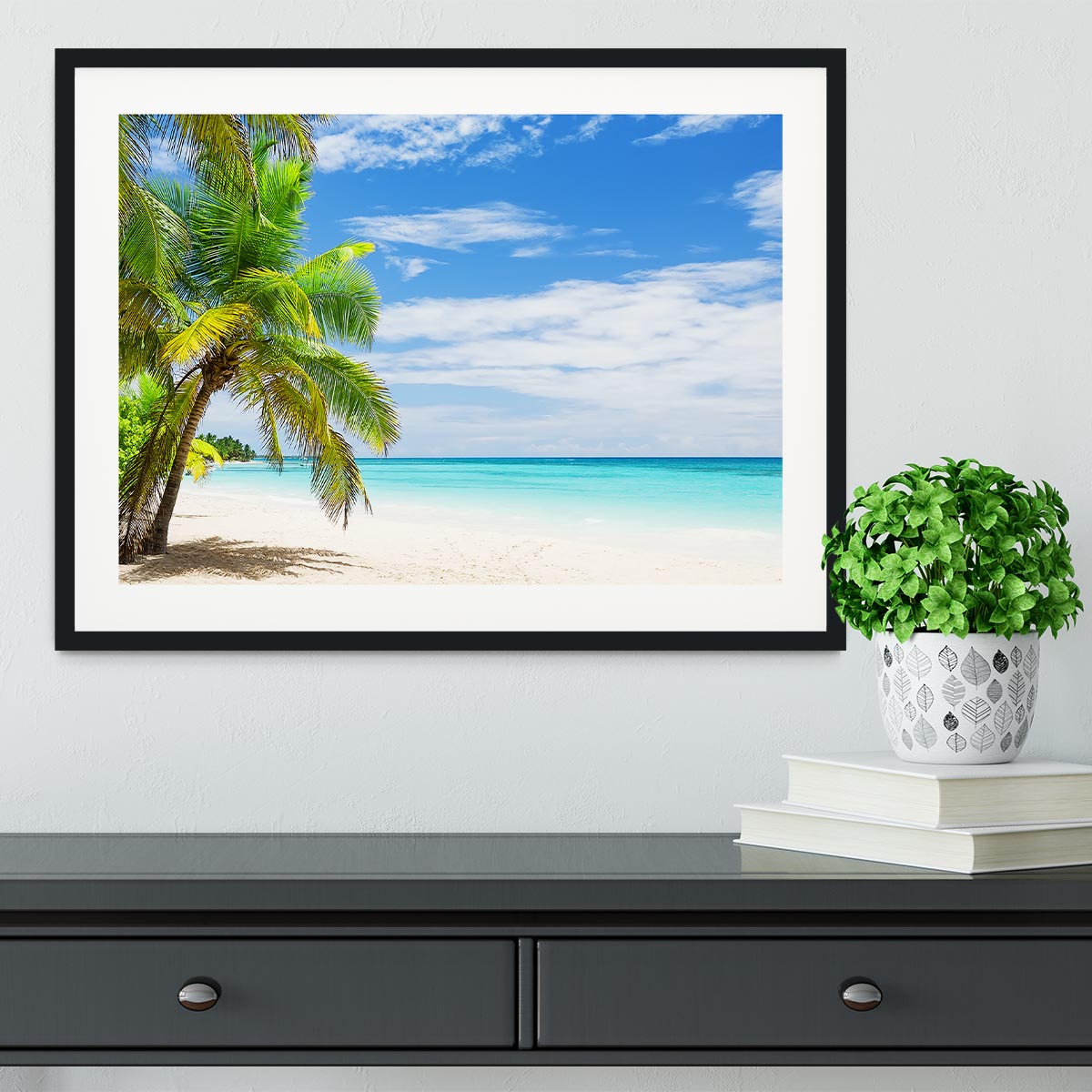 Coconut Palm trees on white sandy beach Framed Print - Canvas Art Rocks - 1