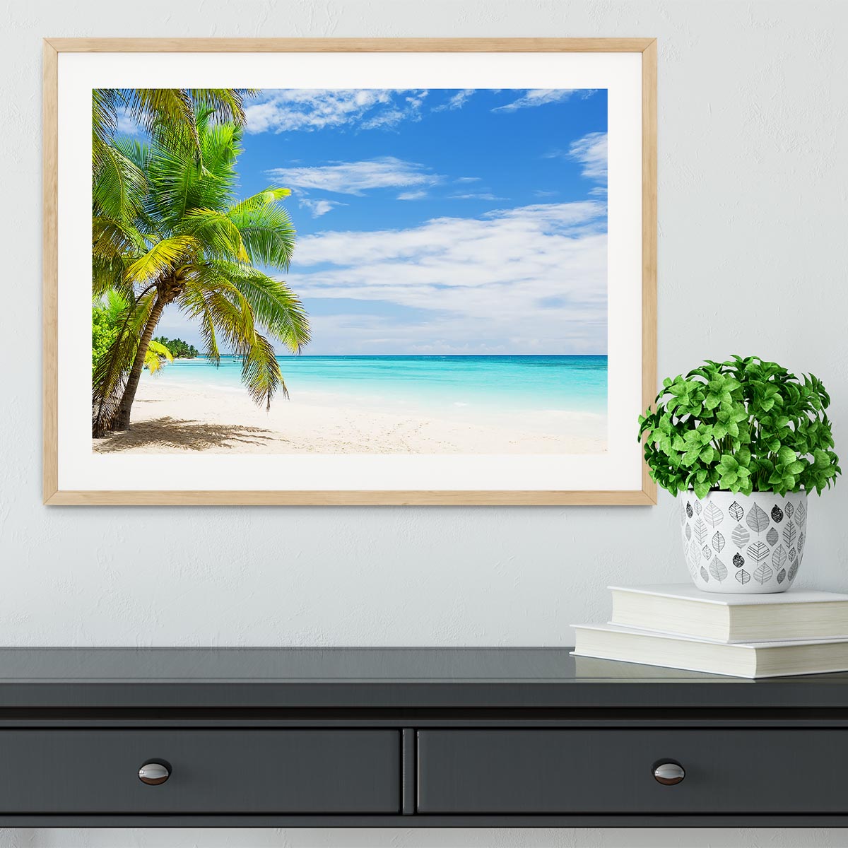 Coconut Palm trees on white sandy beach Framed Print - Canvas Art Rocks - 3