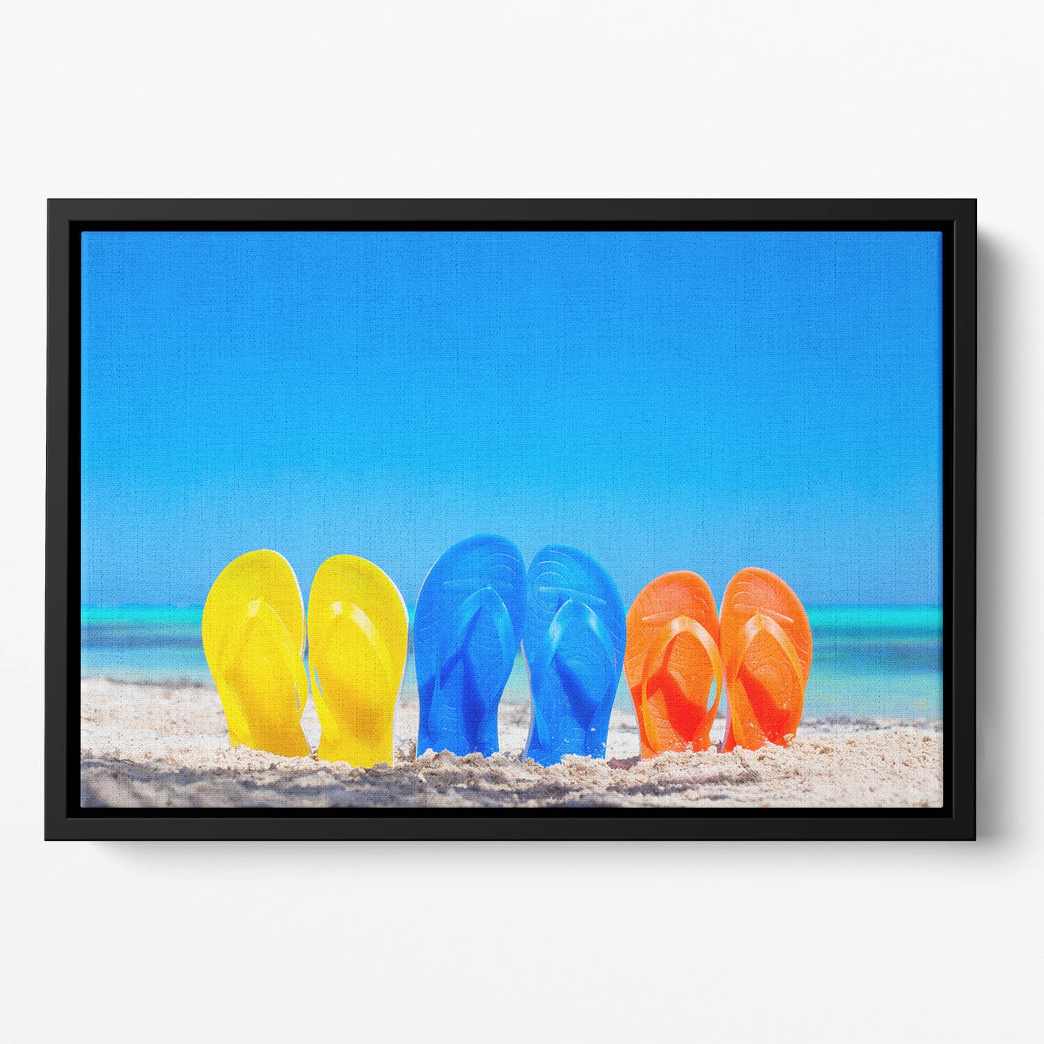 Colorful beach flip flops Floating Framed Canvas