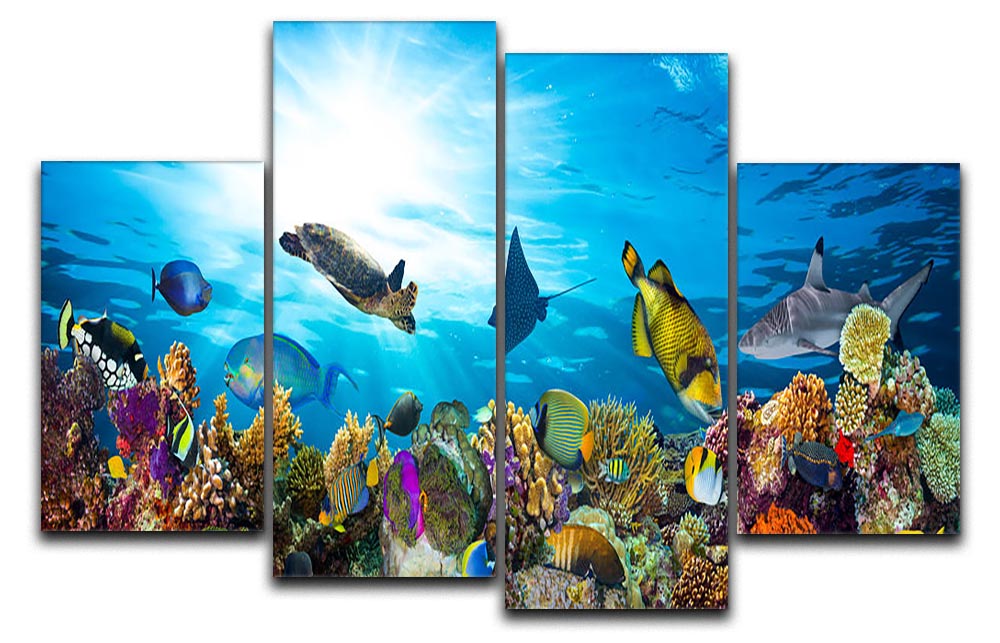 Colorful coral reef with many fishes and sea turtle 4 Split Panel Canvas - Canvas Art Rocks - 1